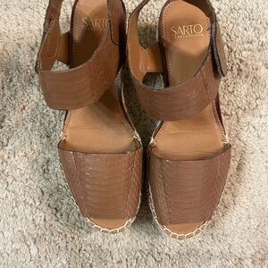 Brown Leather Open Toe Faux Snakeskin with Ankle Strap and Wedge Sole